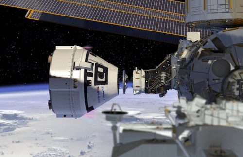 הדמיה של חללית סטארליינר עוגנת בתחנת החלל. זה כבר לא יקרה בשיגור הנוכחי (20/12/19) תקלה. איור: בואינג