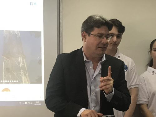 Minister of Science Ofir Akunis at the launch event for the student satellite Dokifat 3, at the Science Center in Herzliya, 11/12/19