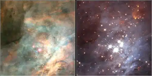 צביר הכוכבים הטריים טרפזיום בערפילית אוריון - השוואה בין צילום אור נראה (שמאל) ותת-אדום קרוב (ימין), שמסוגל לחדור דרך האבק בערפילית ולחשוף כוכבים קטנים וקרים יותר. מקור: NASA.