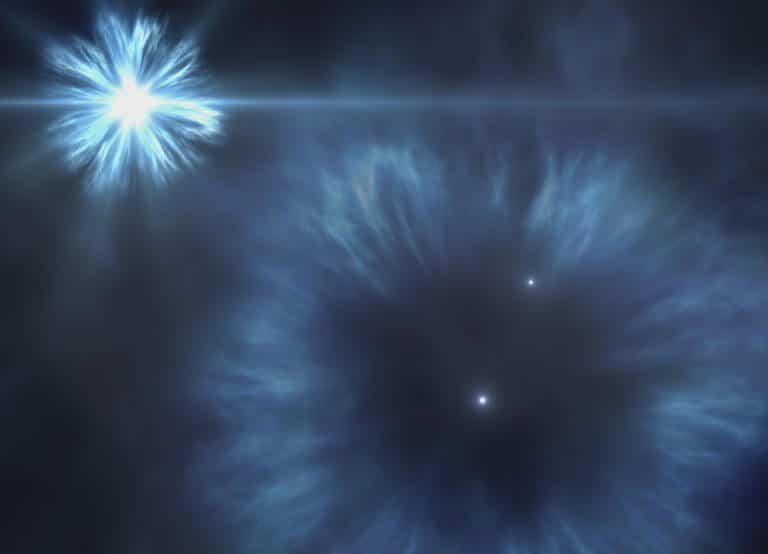 הדמיה של התפוצצויות סופרנובה של הכוכבים הענקיים הראשונים שהתגבשו בנתיב החלב. הכוכב J0815 + 4729 נוצר מהחומר שנפלט על ידי הסופרנובות הראשונות הללו. תמונה באדיבות גבריאל פרז, SMM (IAC).