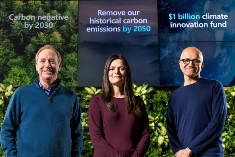 From left are Microsoft President Brad Smith, CFO Amy Hood and CEO Satya Nadella. Photo: Brian Smale, Microsoft