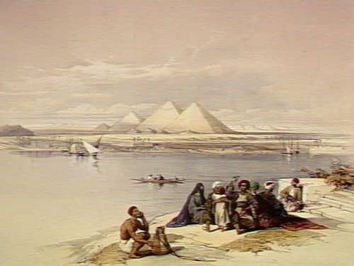 أهرامات الجيزة كما تبدو من ضفاف النيل. الرسم من معرض ويلكوم، من ويكيبيديا