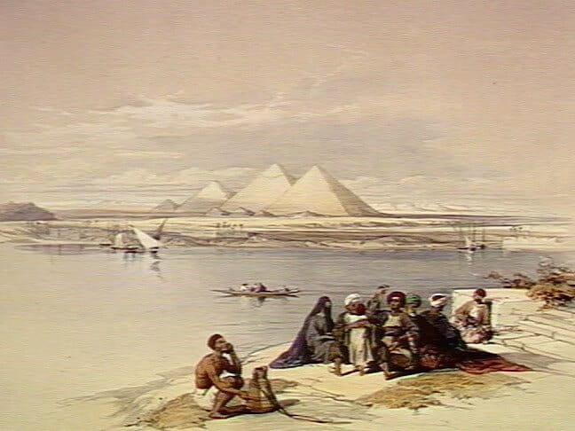 The pyramids at Giza as seen from the banks of the Nile. Drawing courtesy of the Wellcome Gallery, from Wikipedia