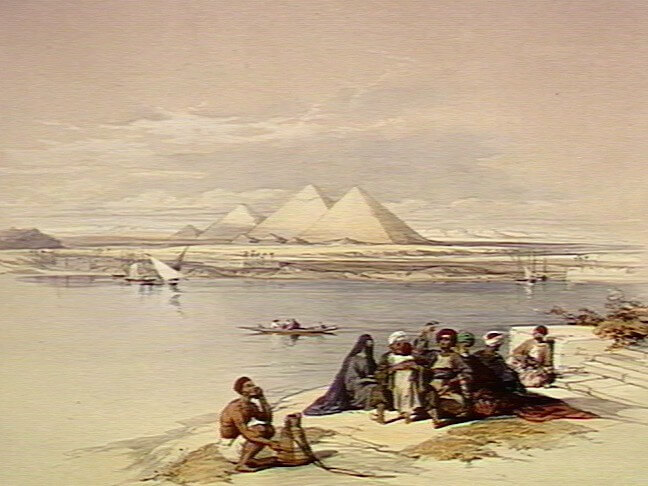 הפירמידות בגיזה כפי שנראים מגדות הנילוס. ציור באדיבות גלריה וולקאם, מתוך ויקיפדיה