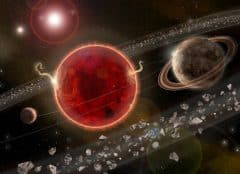 כוכב הלכת שהתגלה (מימין), לצד פרוקסימה קנטאורי (אדום), כוכב הלכת הקטן יותר וטבעת האבק | איור: Lorenzo Santinelli