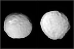 שתי תמונות מתצפיות שונות של האסטרואיד פאלאס, שנחשב כעת לעצם המכותש ביותר במערכת השמש. באדיבות החוקרים