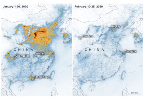 ירידה בהיקפי זיהום האוויר בסין בעקבות צמצום הייצור בשל הצעדים לעצירת מגיפת הקורונה. צילום: נאס"א
