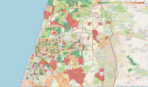 Regional map of average symptoms characterizing COVID-19. Shown are areas in different cities where there are at least 30 respondents, or neighborhoods with at least 10 respondents to the questionnaire. Each area is colored according to a category determined according to the average amount of symptoms reported by the respondents in that area. Green - low percentage of symptoms, red - high percentage of symptoms
