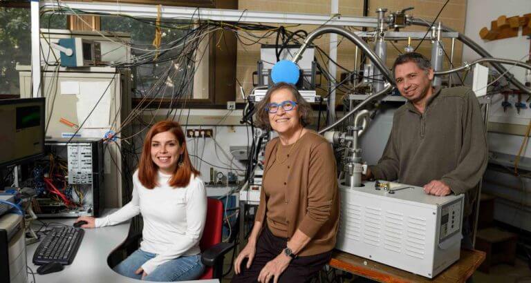 From the right: Dr. Akiva Feintoch, Prof. Daniela Goldfarb and Dr. Angeliki Giannoulis. See closed protein. Photo: Weizmann Institute Spokesperson