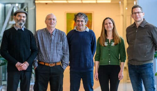 From the right: Dr. Itzik Koper, Prof. Mati Friedkin, Dana Etrakchi, Prof. Yoram Schechter and Prof. Amnon Horowitz. Prodrugs are introduced