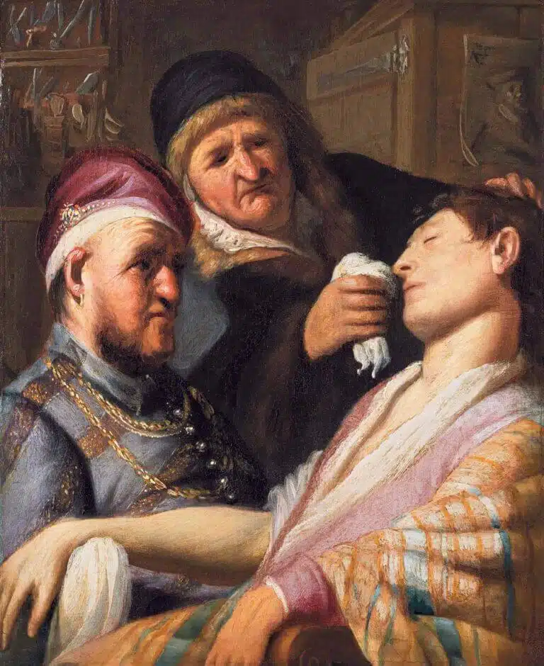 "The Unconscious Patient (Allegory of the Sense of Smell)", 1625. Rembrandt painted this piece at the age of 19 as part of the Five Senses series. The painting was discovered in 2015 in the collection of a family in New Jersey