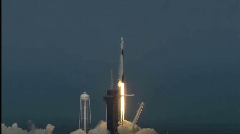Launch of the Crew Dragon manned spacecraft, Cape Canaveral, 30/5/20. Screenshot from NASA TV