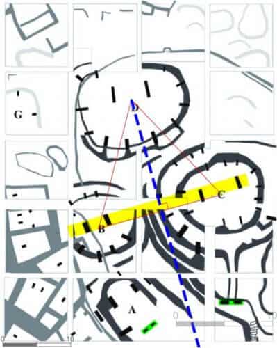 Geometric patterns reveal the architectural design of a complex in Gobkali Tepe. A diagram is placed on the scheme of the complex. Credit: Gil Khaklai. Tel Aviv University