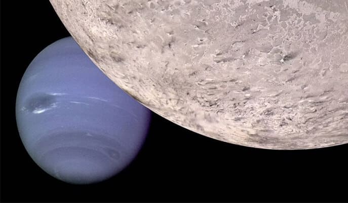 Triton and Neptune (simulation). It is hypothesized that Triton came from outside the solar system and was caught in Neptune's gravitational field