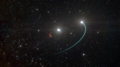 התרשמות האמן הזאת מראה את המסלולים של העצמים במערכת המשולשת HR 6819. המערכת הזאת מורכבת מזוג פנימי עם כוכב אחד (מסלול בכחול) וחור שחור שהתגלה לאחרונה (מסלול באדום), וגם עצם שלישי, עוד כוכב, במסלול רחב יותר (גם בכחול). איור: ESO/L. Calçada