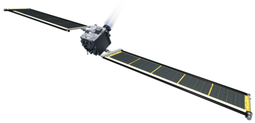 Illustration of the DART spacecraft with the deployable solar arrays (ROSA) deployed. The dimensions of each of the ROSA arrays are 8.6 meters by 2.3 meters. Image: NASA
