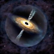 התרשמות אמן של ההיווצרות של הקוואזר Pōniuā`ena, שהתחילה עם חור שחור ראשוני, 100 מיליון שנים אחרי המפץ הגדול. המחשה: International Gemini Observatory/NOIRLab/NSF/AURA/P. Marenfeld