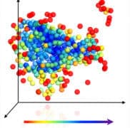 הצגה סכמטית של מולקולות בודדות בגביש מראה את התפתחות הסדר מדרגה נמוכה ביותר (אדום) לגבוהה ביותר (כחול)