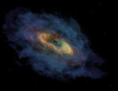 התרשמות אמן של ההיווצרות של הקוואזר Pōniuā`ena, שהתחילה עם חור שחור ראשוני, 100 מיליון שנים אחרי המפץ הגדול. איור: International Gemini Observatory/NOIRLab/NSF/AURA/P. Marenfeld