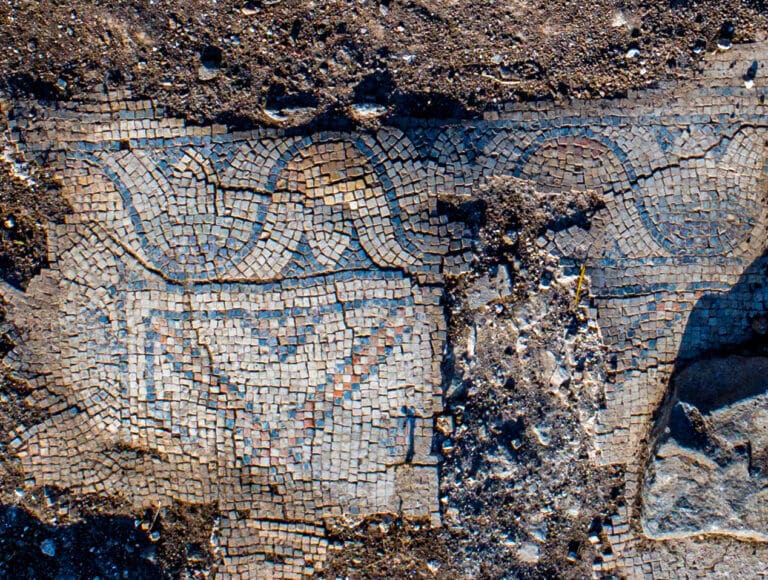 The mosaic floor of the old church. Photo by Alex Wiegman, Israel Antiquities Authority