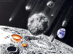 מטר אסטרואידים על מערכת כדור הארץ-ירח (הדמיית אמן). קרדיט: /Murayama, אוניברסיטת אוסקה