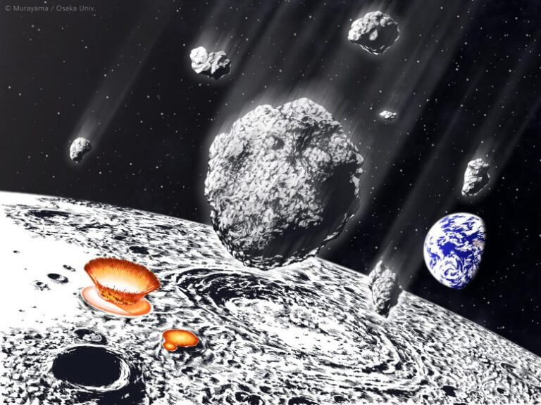 Asteroid shower on the Earth-Moon system (artist's rendering). Credit: /Murayama, Osaka University