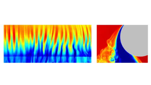 In the figure: tiny tornadoes (red bars) formed in the jet as a result of the Coanda effect. Courtesy of Lev Dunayevich and Prof. David Greenblatt, Technion.