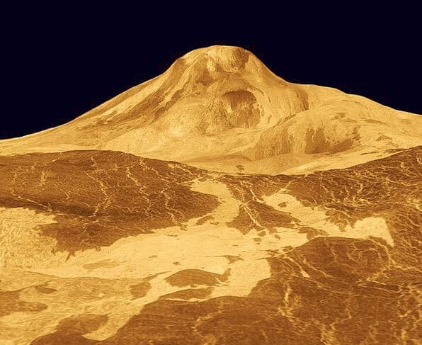 הר הגעש מאט מונס על נוגה. הדמיה בתלת ממד. צילום: נאס"א/סוכנות החלל האירופית