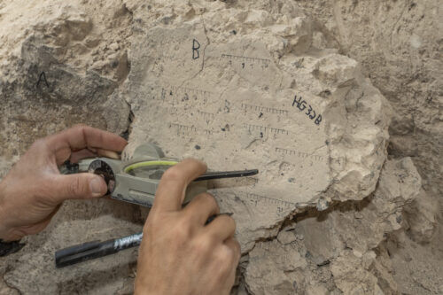 Measurements from the floor that collapsed during the burning of Jerusalem during the destruction of the First Temple. Photo: Shai Halevi, Antiquities Authority