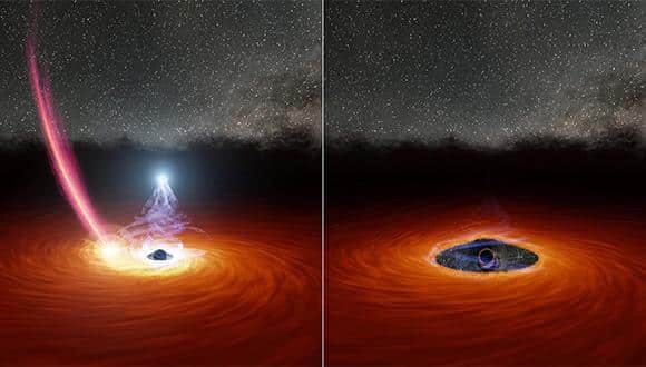 שמאל: שרידיו של כוכב סורר שנקרע ע"י החור השחור מתרסקים על הדיסקה, בזמן שהאזור החם שמעליה עדיין קורן בקרינת רנטגן. מימין: הכוכב שהתרסק הפריע לדיסקת הגז, וגרם להשבתת קרינת הרנטגן. קרדיט: Robert Hurt, NASA /JPL