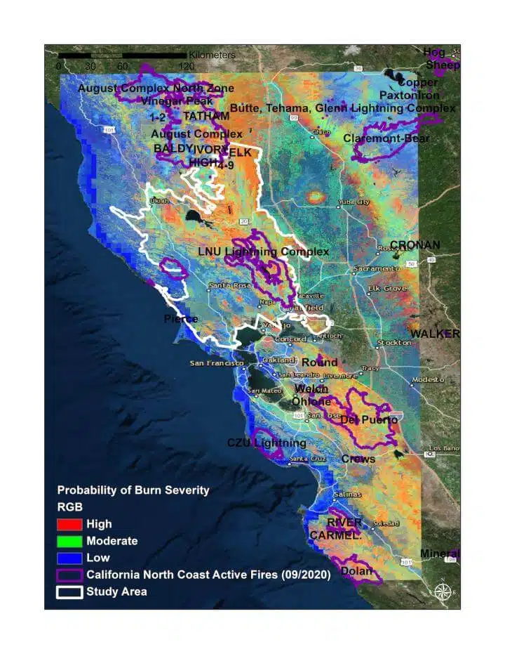 Image: This map includes the probability of wildfires in California's Northern Coast Mountains as published in a UC DAVIS study, with September 2020 wildfire extents shown for comparison.
