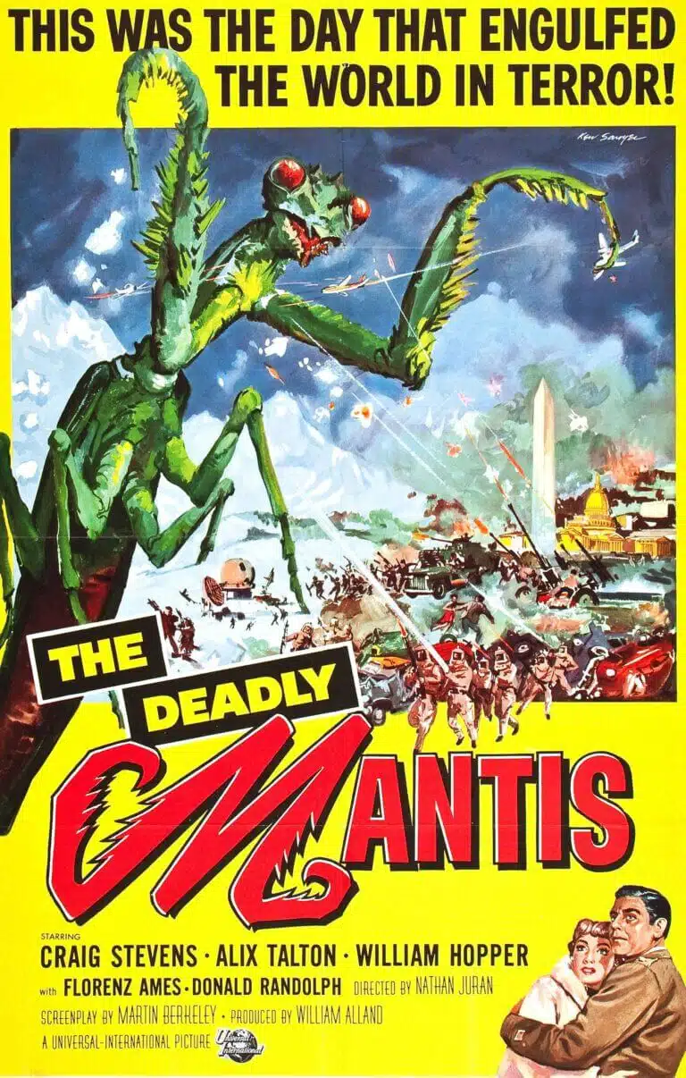 A deadly mantis in a horror movie. An insect of this size would have suffocated in the absence of a mechanism for transporting oxygen. Reynold Brown, Wikimedia