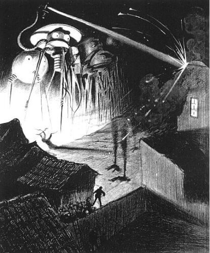 An army of fighting machines from Mars destroying England (1906) Illustration for the book "The War of the Worlds" in the Belgian edition of 1906, by the Brazilian artist Henrique Alavim Cora.