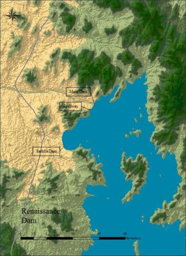 מפת סכר ההתחדשות באתיופיה והאגם שיווצר בגללו. מתוך ויקיפדיה