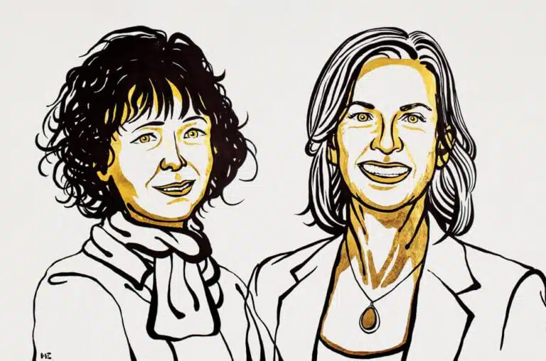 على اليمين جينيفر دودينا وإيمانويل شاربنتييه. الرسم التوضيحي: © نوبل ميديا. سوف. نيكلاس المهيد .