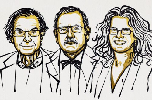 זוכי פרס נובל לפיזיקה 2020: מימיין: אנדריאה גז, ריינהרט גנזל, רוג'ר פנרוז.© Nobel Media. Ill. Niklas Elmehed.