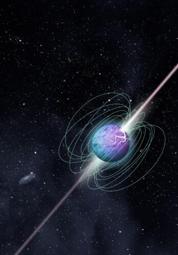 An artist's impression of a magnetar in an eruption, showing a complex structure of magnetic fields and beam emission, shown here after a crustal rupture event. Credit: McGill University Graphic Design Team