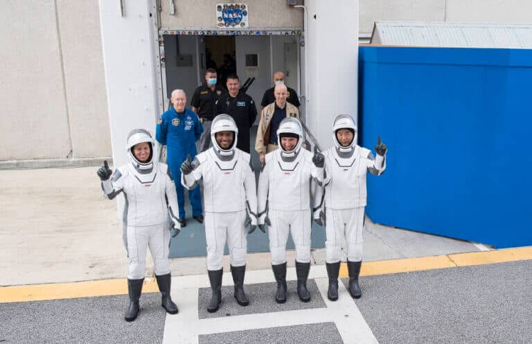 The astronauts of the Crew-1 mission: from left: Shannon Walker, Victor Glover, Mike Hopkins and Soichi Noguchi don SpaceX spacesuits on their way to launch. Photo: NASA/Joel Kowsky