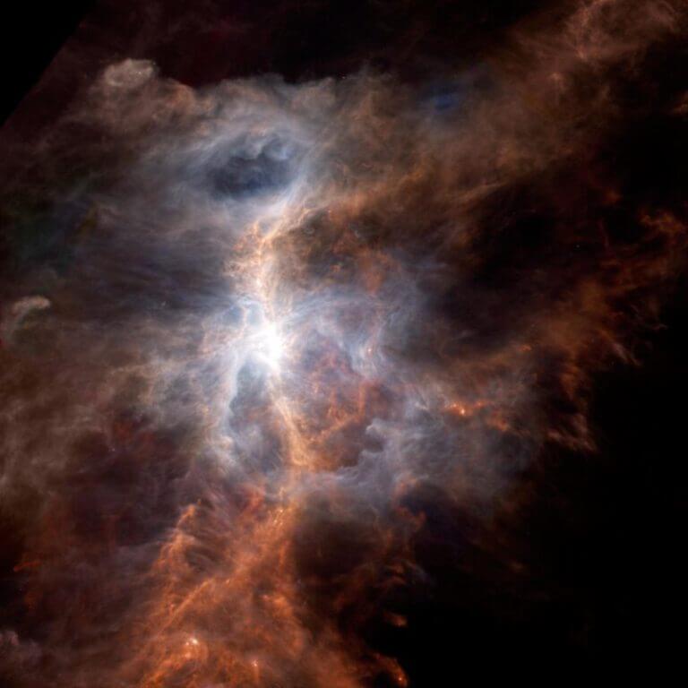 The dusty region of the constellation Orion (a region known as the 'Sword of Orion') is illuminated in this stunning image taken from the European Space Agency's Herschel Space Laboratory. This primordial nebula is the largest and closest star-forming region to us, and is located about 1500 light-years away [Courtesy: ESA/NASA/JPL-Caltech]