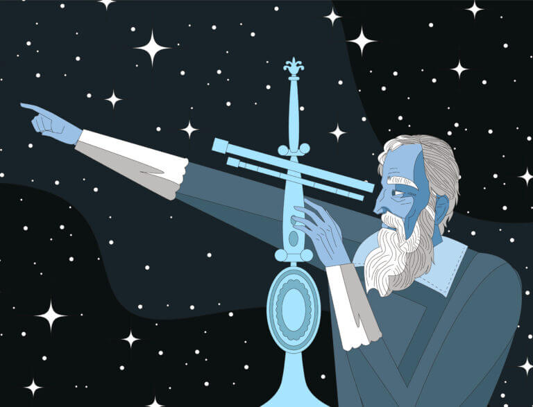 גלילאו צופה בטלסקופ. איור: shutterstock