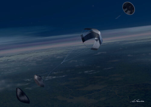 הדמיית החזרה לאטמוספירה של גשושית שנפרדה מהחללית היאבוסה 2 והנחיתה דגימת קרקע מהאסטרואיד ריוגו באוסטרליה. איור: סוכנות החלל היפנית JAXA