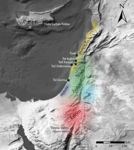 A map of the Land of Israel in the Iron Age, the centers of scarlet production and the location of Timna in Eretz Edom. Courtesy of Erez Ben Yosef and Naama Soknik