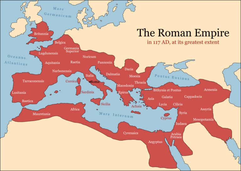 מפת האימפריה הרומית בשיא גודלה, שנת 117 לספירה. צילום: depositphotos.com