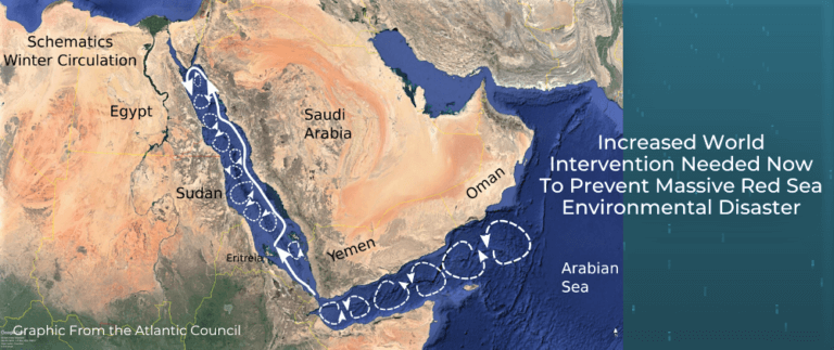 The danger that may occur in the Red Sea if a leak occurs in the Cypher oil tanker held by the Houthis in Yemen. Source: The Atlantic Council