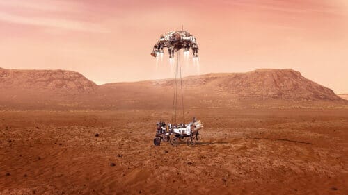 הרובר התמדה נוחתת באמצעות כבלים המשתלשלים ממה שמכונה "עגורן מאדים". החללית ממשיכה הלאה לאחר ניתוק הכבלים והרכב יוצא לדרך עצמאית. הדבר נעשה כדי לחסוך דלק הדרוש להנחתה של חללית כה גדולה על חשבון הציוד המדעי. המחשה:  נאס"א / JPL-Caltech