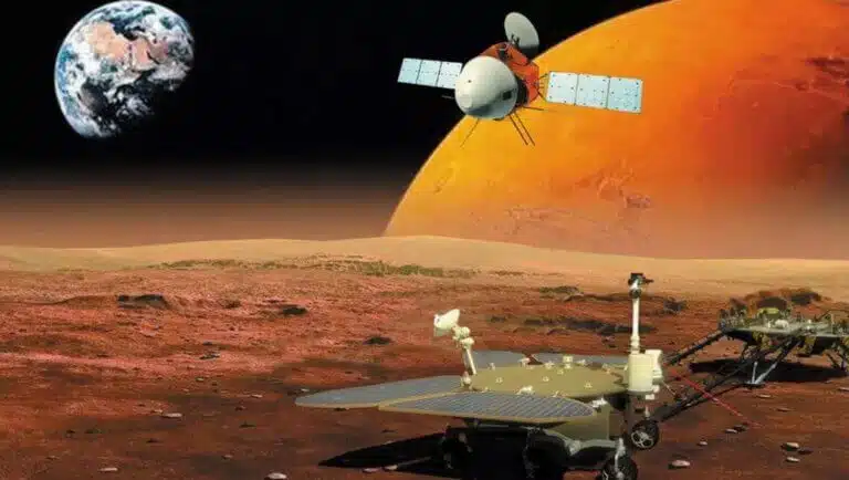 Tianwen-1 - איור הממחיש את המקפת, הנחתת ורכב השטח של המשימה הסינית הראשונה למאדים. איור CNSA