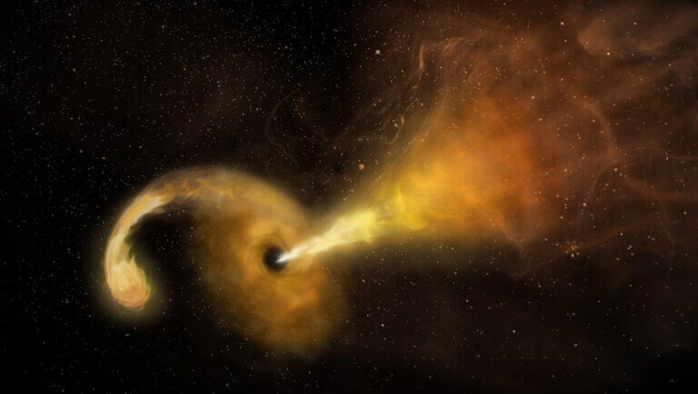 כוכב נקרע על ידי חור שחור ופולט סילוני גז וקרינה. איור: נאס"א/JPL