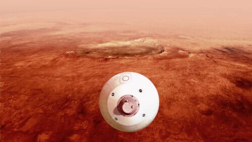 הקפסולה המכילה את רכב ההתמדה והרחפן אינג'נואיטי של נאס"א מנחה את עצמו לעבר פני השטח של המאדים כשהוא יורד באטמטספירה. מאות אירועים קריטיים חייבים להתבצע בצורה מושלמת ומדויקת בזמן שהקפסולה נוחתת על מאדים בבטחה ב- 18 בפברואר 2021. קרדיטים: נאס"א / JPL-Caltech