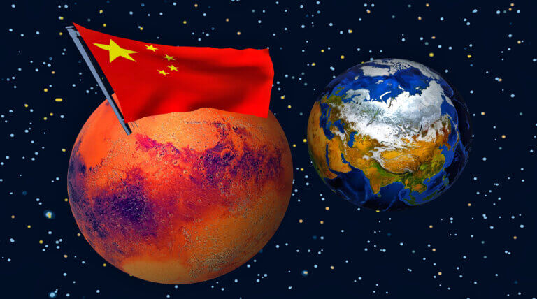 Chinese flag on the Martian soil. Illustration: shutterstock