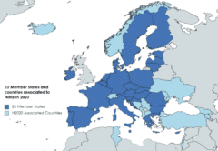 המדינות החברות בתוכנית הוריזון 2020 המסתיימת השנה - בכחול כהה, מדינות השייכות לאיחוד האירופי, בתכלת המדינות הנלוות שכעת גם בריטניה תצטרף אליהן. מדינות נלוות לא יוכלו להשתתף בתוכנית הוריזון יורופ בתחומי הקוונטים והחלל.